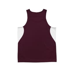 A maroon singlet with white side panels and a branding logo on the back.