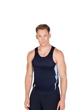 A navy singlet for men with light blue side panels, featuring a logo on the front.