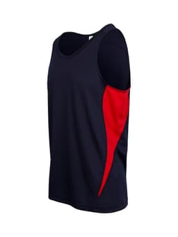 A men's singlet featuring navy and red colours with a logo on the side.