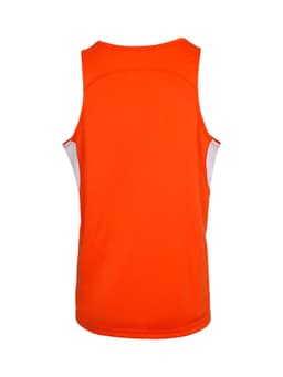 An orange men's singlet featuring white side panels and a branding logo on the back.