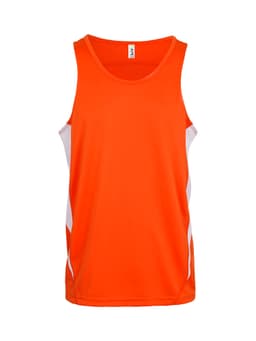 An orange men's singlet with white side panels and a logo, made from cool dry material.