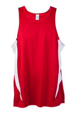 A red singlet with white side panels and a logo, designed for men's active wear.