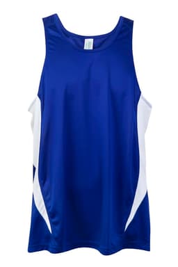 A blue and white men's singlet with a sporty design and a logo on the front.