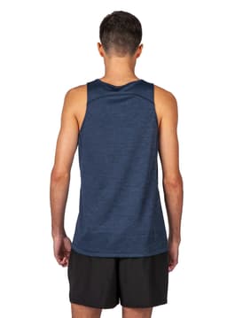 A man in a navy blue polyester singlet stands with his hands behind his back, wearing black shorts.