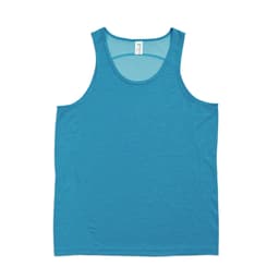 A turquoise singlet made of 100% polyester, featuring a logo on the front.