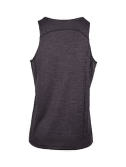 A grey men's singlet made of 100% polyester, featuring a rounded back design and a logo.