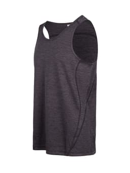 A grey men's singlet made of 100% polyester, featuring a modern cut and shoulder detailing. It has a branding logo.