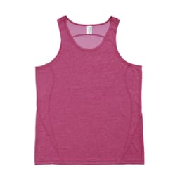 A pink men's singlet made of 100% polyester, featuring a simple design and a logo on the label.