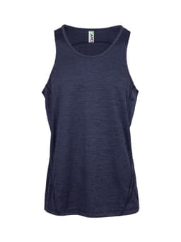 A navy blue 100% polyester singlet with a branded label, featuring a simple, sleeveless design.