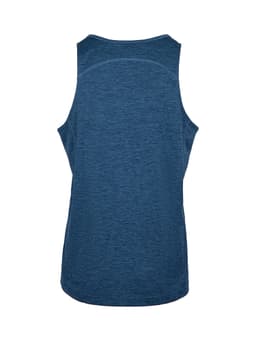 A blue men's singlet made from 100% polyester, featuring a back design and a branding logo.
