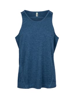 A blue, 100% polyester men's singlet with a split design and a small logo on the label.