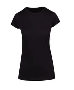A black women's athletic T-shirt featuring short sleeves and a fitted style. It has a logo on it.