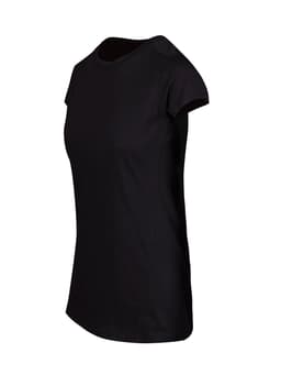 A black women's athletic T-shirt with short sleeves and a fitted design, featuring a logo.