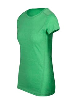 A green athletic t-shirt with a classic crew neck and short sleeves, featuring a branding logo.