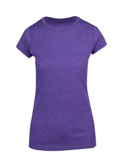 A purple women's athletic t-shirt with a classic crew neck and short sleeves. It features a branding logo.