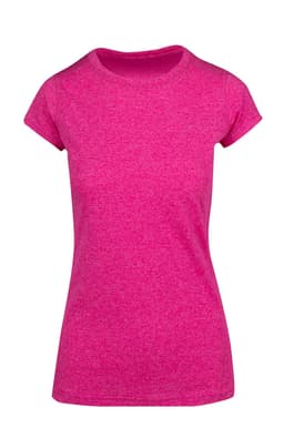A pink women's athletic T-shirt with a fitted design and short sleeves. It features a logo on the front.