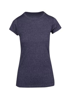 A navy blue women's athletic T-shirt with short sleeves and a fitted design. It features a branding logo.