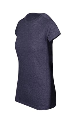 A dark navy women's athletic t-shirt with a rounded neckline and short sleeves, featuring a logo.