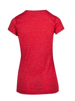 A red athletic T-shirt with short sleeves and a plain back design. It features a logo on the back.