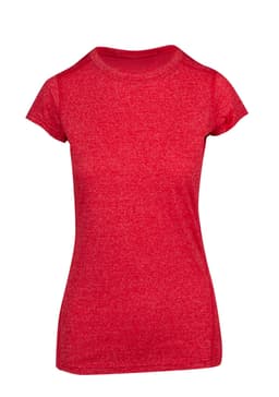 A red athletic women's T-shirt featuring short sleeves and a fitted design, with a logo displayed.