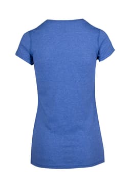 A blue athletic t-shirt featuring short sleeves and a fitted design, with a logo on the back.