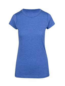A blue women's athletic t-shirt with short sleeves and a round neckline. It features a branding logo.