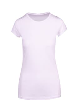 A women's athletic t-shirt in white, featuring a fitted design and short sleeves, with a logo on the front.