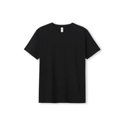 A black unisex T-shirt with a crew neckline and short sleeves. It has a branding logo on the label.