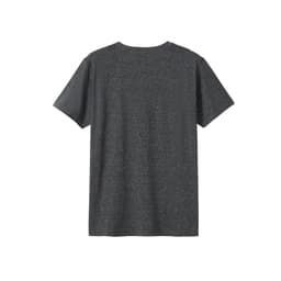 A heather dark grey t-shirt with a plain back, featuring a logo on the upper back.