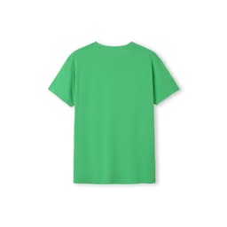 A green heather T-shirt with short sleeves and a rounded neckline. It has a logo on the back.