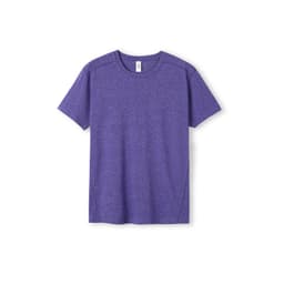 A purple heather T-shirt featuring a classic crew neck and short sleeves, with a logo on the label.