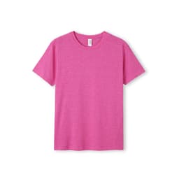 A pink heather T-shirt with a crew neckline and short sleeves, featuring a logo on the chest.