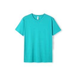 A turquoise unisex T-shirt with a round neck and short sleeves. It features a logo on the label.