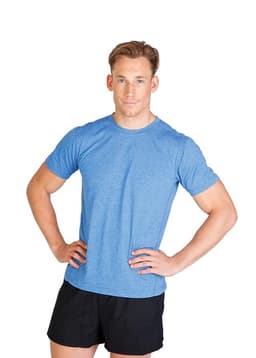 A blue heather T-shirt worn by a man, featuring a logo on the shirt. The model poses with hands on hips.