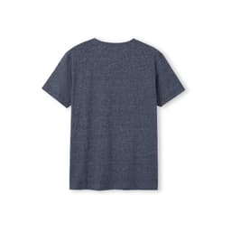 A heather navy blue unisex t-shirt with a round neck and short sleeves, featuring a logo.