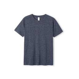 A navy heather t-shirt with a classic crew neck design. It features a small logo on the label.