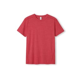 A red heather T-shirt with a round neckline and short sleeves. Features a logo on the label.