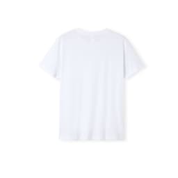 A plain white unisex t-shirt with short sleeves and a simple design at the back. Features a logo.