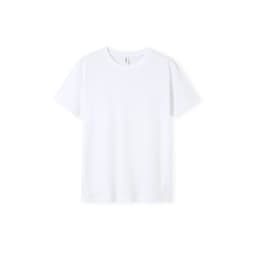 A plain white t-shirt with a crew neckline and short sleeves, featuring a branded label.