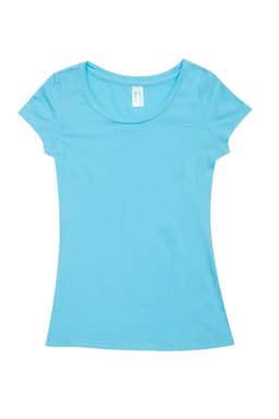 A light blue women's cotton/spandex T-shirt with a scoop neckline and short sleeves. It features a logo label.