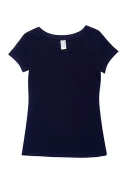 A navy women's cotton/spandex T-shirt with a scoop neckline and short sleeves. It features a tag inside.
