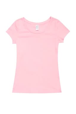 A pink women's cotton/spandex T-shirt with a scoop neckline and short sleeves. It has a tag inside.