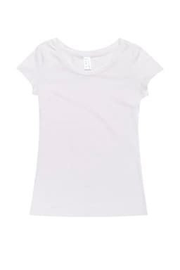 A white cotton/spandex women's T-shirt featuring a scoop neck and short sleeves, with a branding label.
