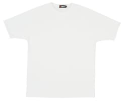 A white men's spandex T-shirt with a round neck and short sleeves, featuring a logo on the tag.