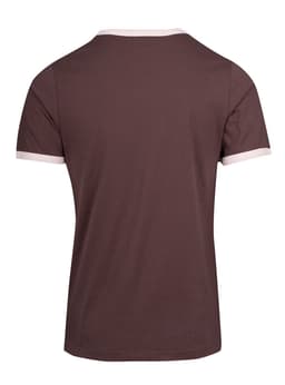 A brown unisex ringer T-shirt featuring white collar and sleeve trims, showcasing the back view.