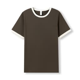 A brown men's/unisex ringer T-shirt with contrasting white collar and sleeve hems. It features a logo.