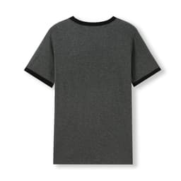 A unisex ringer T-shirt in grey with black trimming on the sleeves and collar, featuring a logo.