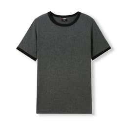 A grey ringer T-shirt featuring a black neckline and sleeve edges, with a logo on the tag.