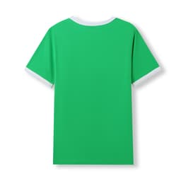 A green unisex ringer T-shirt featuring white collar and sleeve trim, with no visible branding.