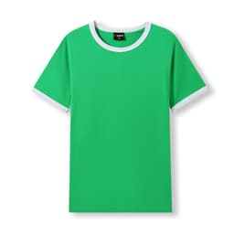 A green ringer T-shirt featuring white accents on the collar and sleeves, with a logo present.